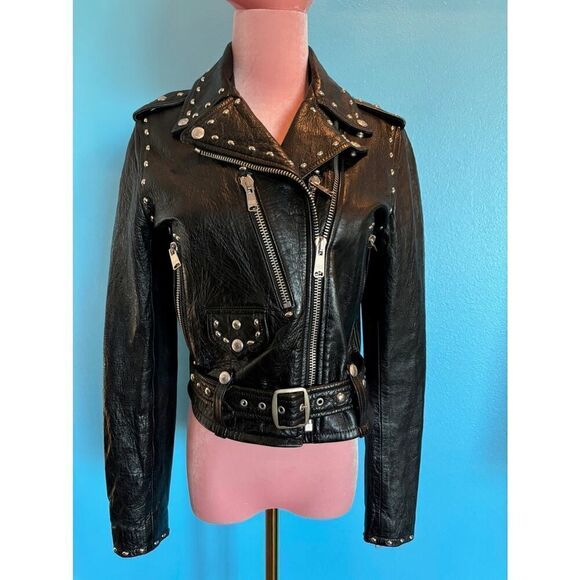 NWOT Made in the USA RE/DONE Black Leather MOTO Jacket Grommets Belt Pockets S - Picture 11 of 16